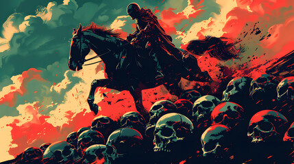 Naklejka premium The horseman, grim reaper riding the horse jumping from a pile of human skulls, digital art style, illustration painting