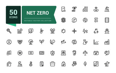 Net zero line icons set. Includes carbon footprint, co2 neutral, net zero, solar energy. Pixel perfect, minimalistic web and UI icon. Outline icon collections.