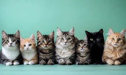 Diverse Feline Family Sitting Together on Green Background