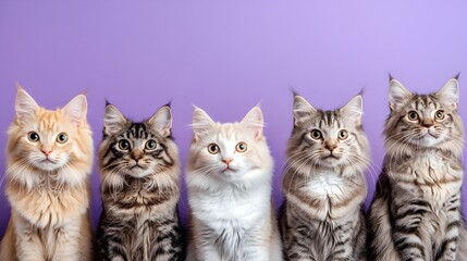 Diverse Collection of Adorable Feline Portraits Against Lavender Background