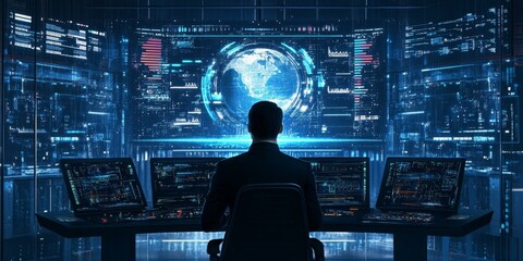 Man in dark room looking at large monitor with blue