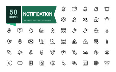 Notification line icon set. Contains such icons as mute, notice, notification bell and more. Pixel perfect, minimalistic web and UI icon. Outline icon collections.