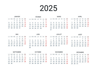 2025 year French calendar in French language. Classical, minimalistic, simple design. White background. Vector Illustration. Week starts from Monday.
