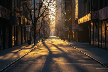 City Street during Epidemic with Health Advisories and Empty Sidewalks  