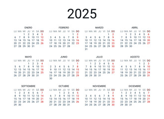 2025 year Spanish calendar in Spanish language. Classical, minimalistic, simple design. White background. Vector Illustration. Week starts from Monday.