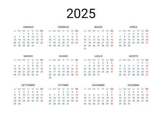 2025 year Italian calendar in Italian language. Classical, minimalistic, simple design. White background. Vector Illustration. Week starts from Monday.