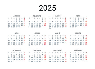 2025 year Portuguese calendar in Portuguese language. Classical, minimalistic, simple design. White background. Vector Illustration. Week starts from Monday.