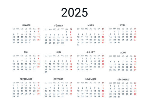 2025 year French calendar in French language. Classical, minimalistic, simple design. White background. Vector Illustration. Week starts from Monday.