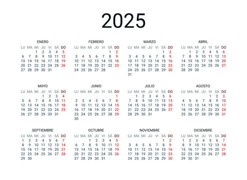 2025 year Spanish calendar in Spanish language. Classical, minimalistic, simple design. White background. Vector Illustration. Week starts from Monday.
