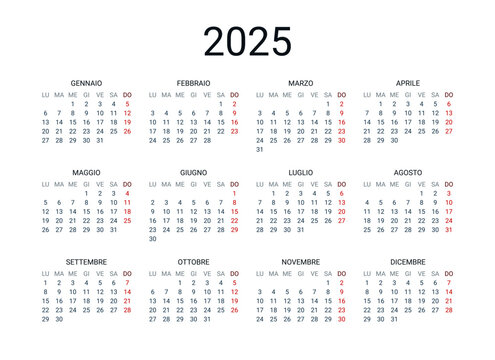 2025 year Italian calendar in Italian language. Classical, minimalistic, simple design. White background. Vector Illustration. Week starts from Monday.