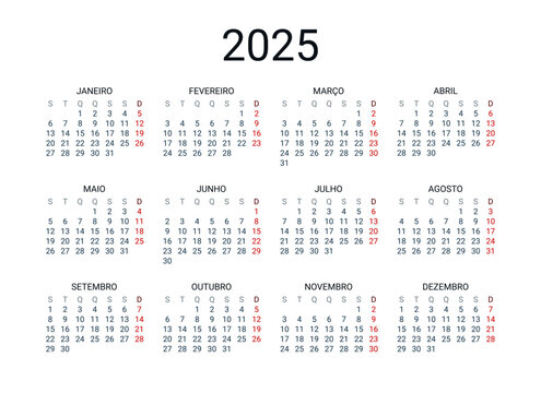 2025 year Portuguese calendar in Portuguese language. Classical, minimalistic, simple design. White background. Vector Illustration. Week starts from Monday.