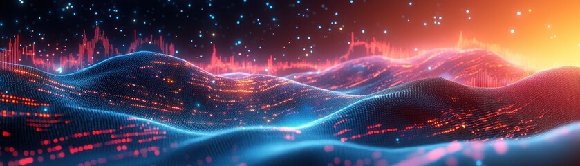 Futuristic Digital Landscape with Glowing Data Waves and Starry Sky in Vibrant Colors