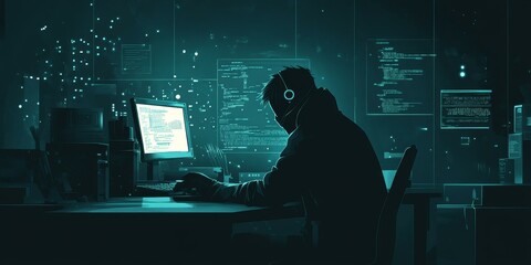 Silhouette of a hacker working in a dark room.