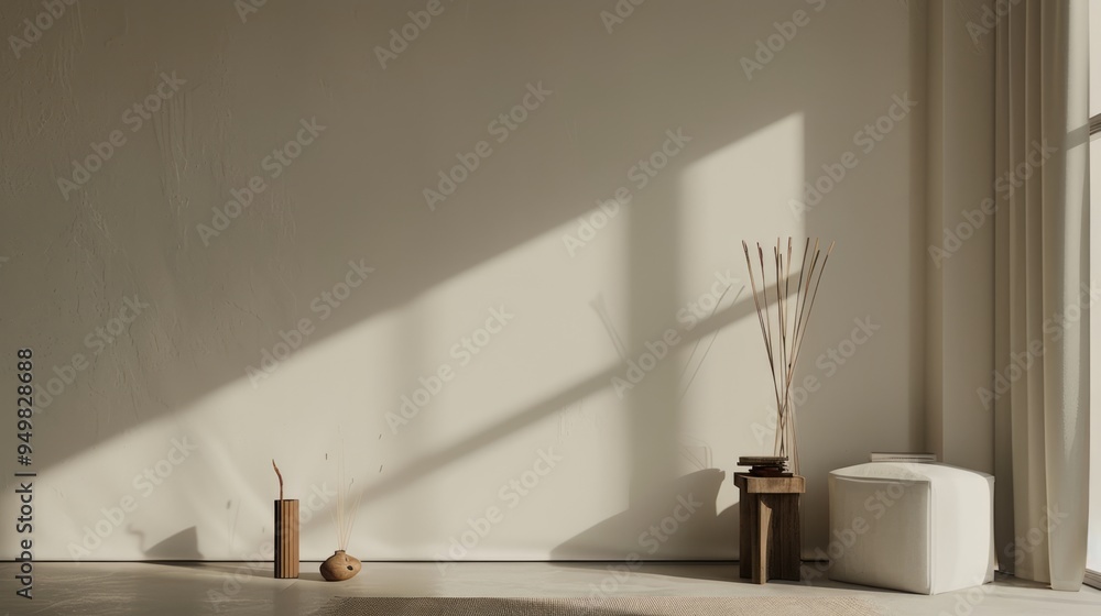 Sticker Minimalist interior design with natural light and a wooden stool.