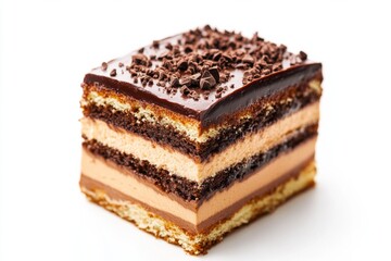 Opera Cake, A French layered cake with coffee-soaked almond sponge, coffee buttercream, and chocolate ganache. Isolated on White Background