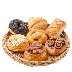 Wicker plate with pastries on transparent background PNG