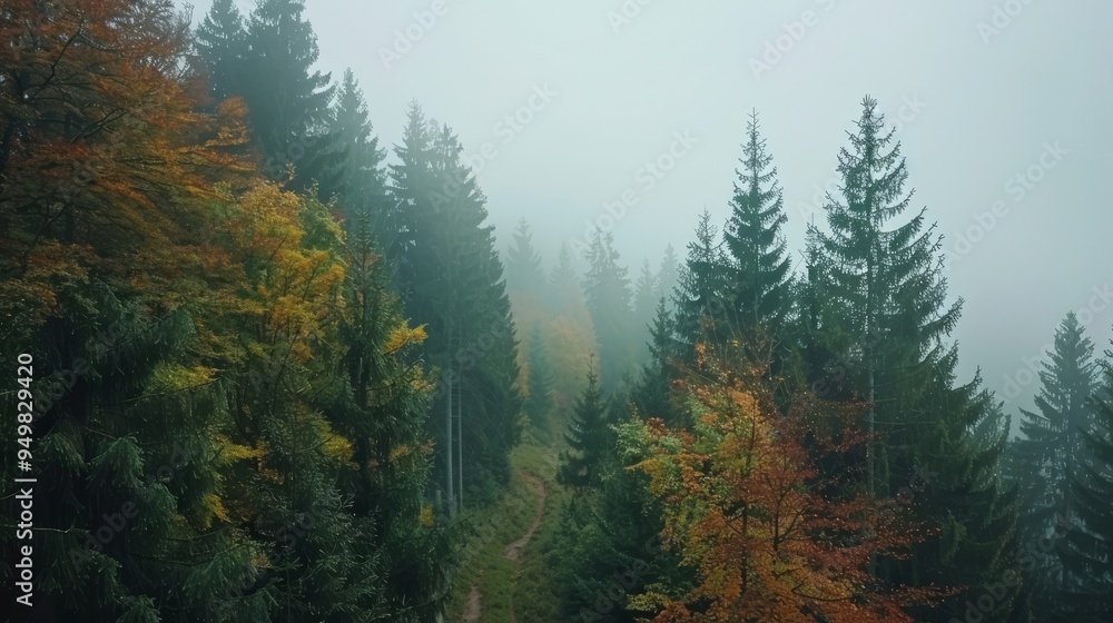 Poster Misty forest path with autumn foliage.