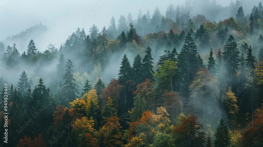 Poster Misty forest with autumn foliage.