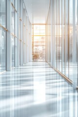 Modern Sunlit Office Corridor with Glass Walls and Reflections in a Contemporary Building