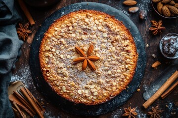 PolvorÃ³n Cake, A cake inspired by the crumbly Spanish Christmas cookie, flavored with almonds and cinnamon. Top View