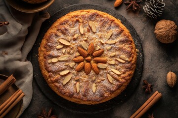 PolvorÃ³n Cake, A cake inspired by the crumbly Spanish Christmas cookie, flavored with almonds and cinnamon. Top View