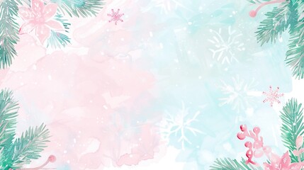 Delicate Watercolor Christmas Backgrounds: Light Pink & Blue with Pine, Snowflakes, and Pink Flowers