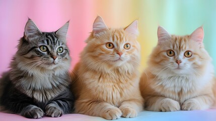 Colorful Feline Portraits in Dreamy Pastel Rainbow Background