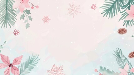 Delicate Watercolor Christmas Backgrounds: Light Pink & Blue with Pine, Snowflakes, and Pink Flowers