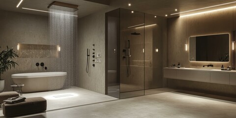 Modern bathroom with rain shower, bathtub, and sink.