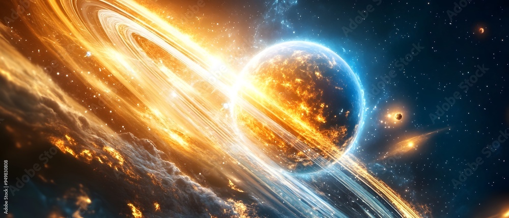 Poster fiery planet with ring system in outer space.