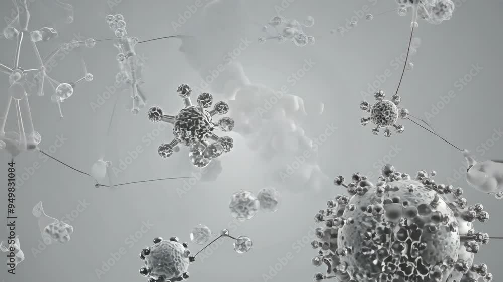 Poster microscopic view of viruses interacting in a laboratory setting during an experiment