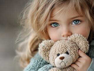 Child holding a teddy bear tightly, with a distant look in their eyes, conveying deep emotion, Emotional attachment, Innocence and security