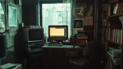 Cyberpunk Workstation with Cityscape View