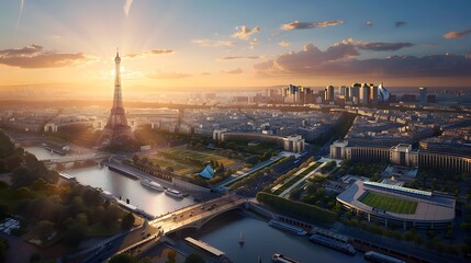 Aerial View of Paris at Sunset with the Eiffel Tower