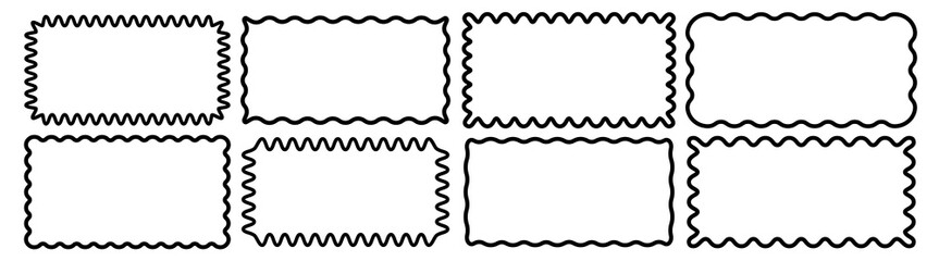 Cloudy wave curve edge frame set black color wavy scalloped doodle drawn style for decoration, funky zigzag vector