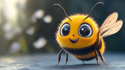 Fototapeta premium Adorable Cartoon Bee with Bright Yellow Body and Big Expressive Eyes Smiling Happily