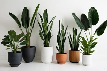 Fototapeta premium Elegant Planting of ZZ, Cast Iron, and Fiddle Leaf Plants on Pristine White Background