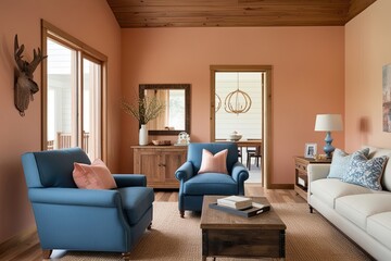 Fototapeta premium Modern Wooden Family Room Featuring Rustic Blue Armchair Against Soft Peach Walls