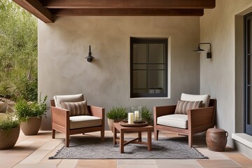 Fototapeta premium Rustic Patio Area with Earth-Toned Armchair Against a Natural Gray Wall - Tranquil Outdoor Setting