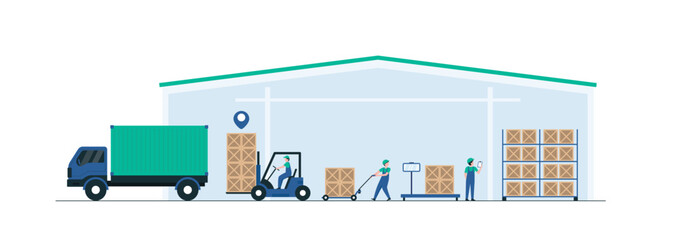Warehouse Crew Unloading Goods from Trucks. Work process in wholesale distribution and logistic center. Illustration