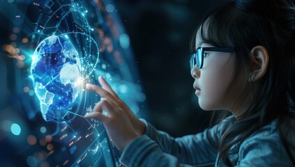 Fototapeta premium Young Girl Interacting with Digital Globe