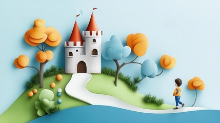 Fototapeta premium Childhood adventure flat design top view fantasy theme cartoon drawing Triadic Color Scheme