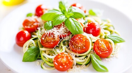 Plate of zoodles zucchini noodles with cherry tomatoes basil and a sprinkle of parmesan presented on a white plate