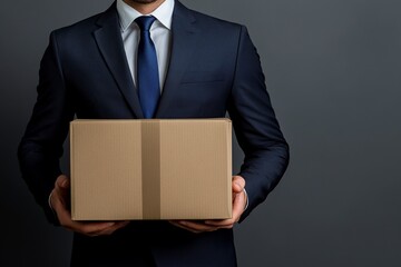 Getting fired. Cropped image of handsome businessman in formal wear holding a box with his stuff, on gray background.generative ai