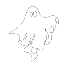 Continuous single line sketch drawing of Halloween  ghost costume theme autumn mood horrible restless soul fears one line vector illustration
