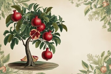 Retro Pomegranate Tree Illustration on Isolated Vintage Botanical Background