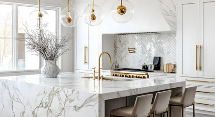 A White Marble Kitchen with a Herringbone Backsplash Gleaming in Natural Light, Showcasing Modern Luxury, Elegance, and High-End Design, Perfect for Representing Themes of Contemporary Interior Design