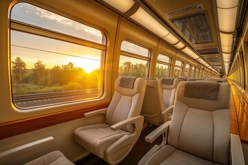 The inner carriage of the train with comfortable seats and a panoramic window through which the picturesque landscape is visible