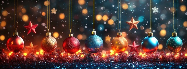Background with hanging stars and Christmas ornaments, festive lights background