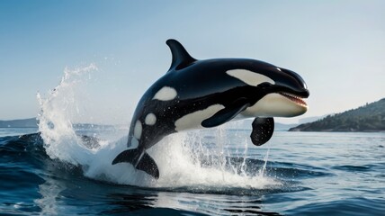 Obraz premium Orca whale leaping from ocean, water splashing, transparent background